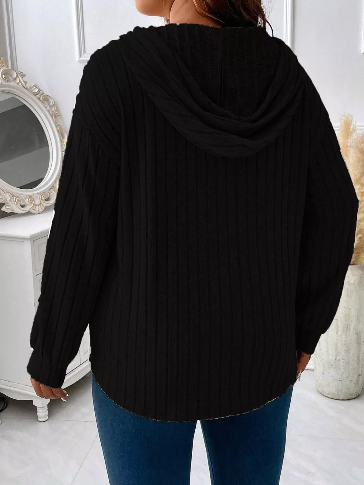 Ribbed Knit Drawstring Hooded T-Shirt - Draped in Grace