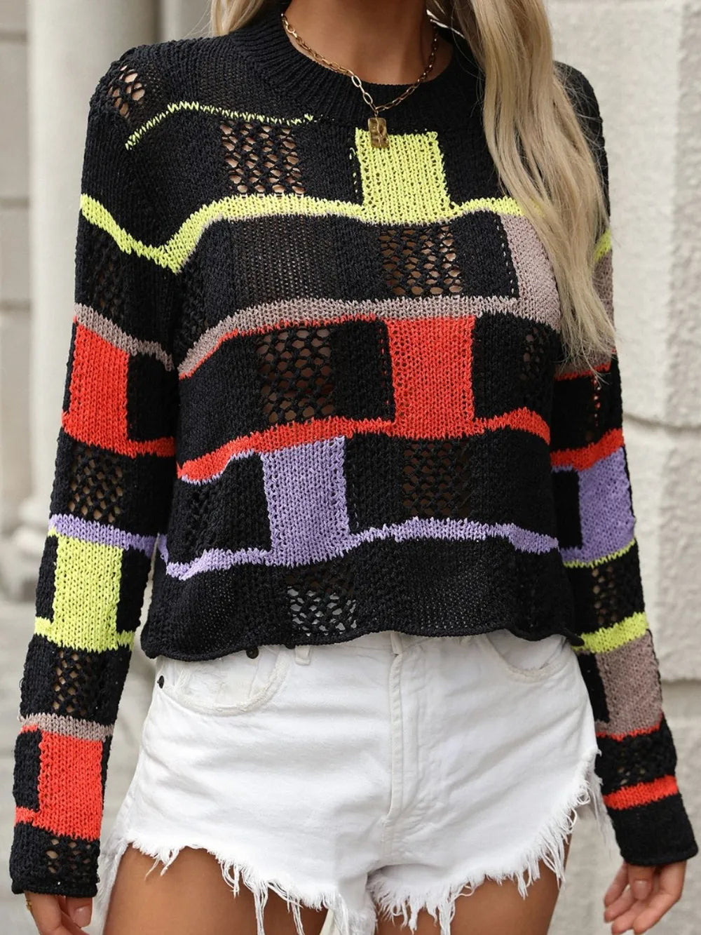 Openwork Color Block Round Neck Sweater - Draped in Grace
