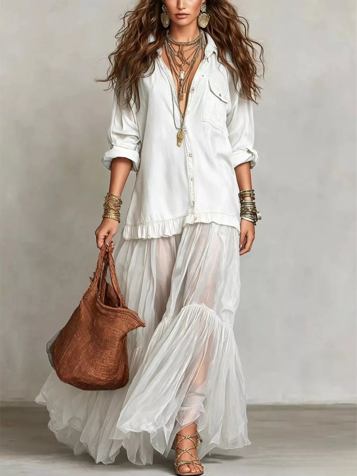 Full Size Tiered Long Sleeve Denim Shirt Maxi Dress Plus Size - Draped in Grace