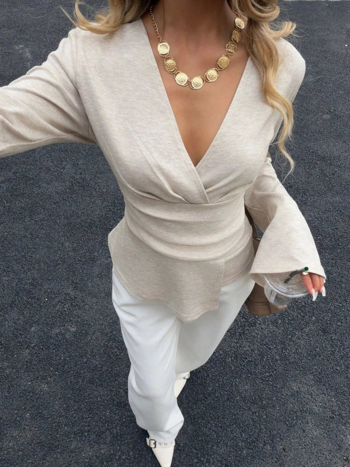 Wrap-Front Long Sleeve T-Shirt - Draped in Grace