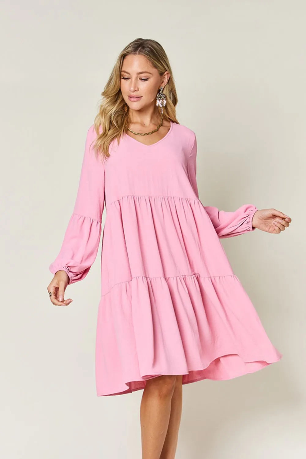 Double Take Full Size V-Neck Balloon Sleeve Tiered Dress with Pockets - Draped in Grace