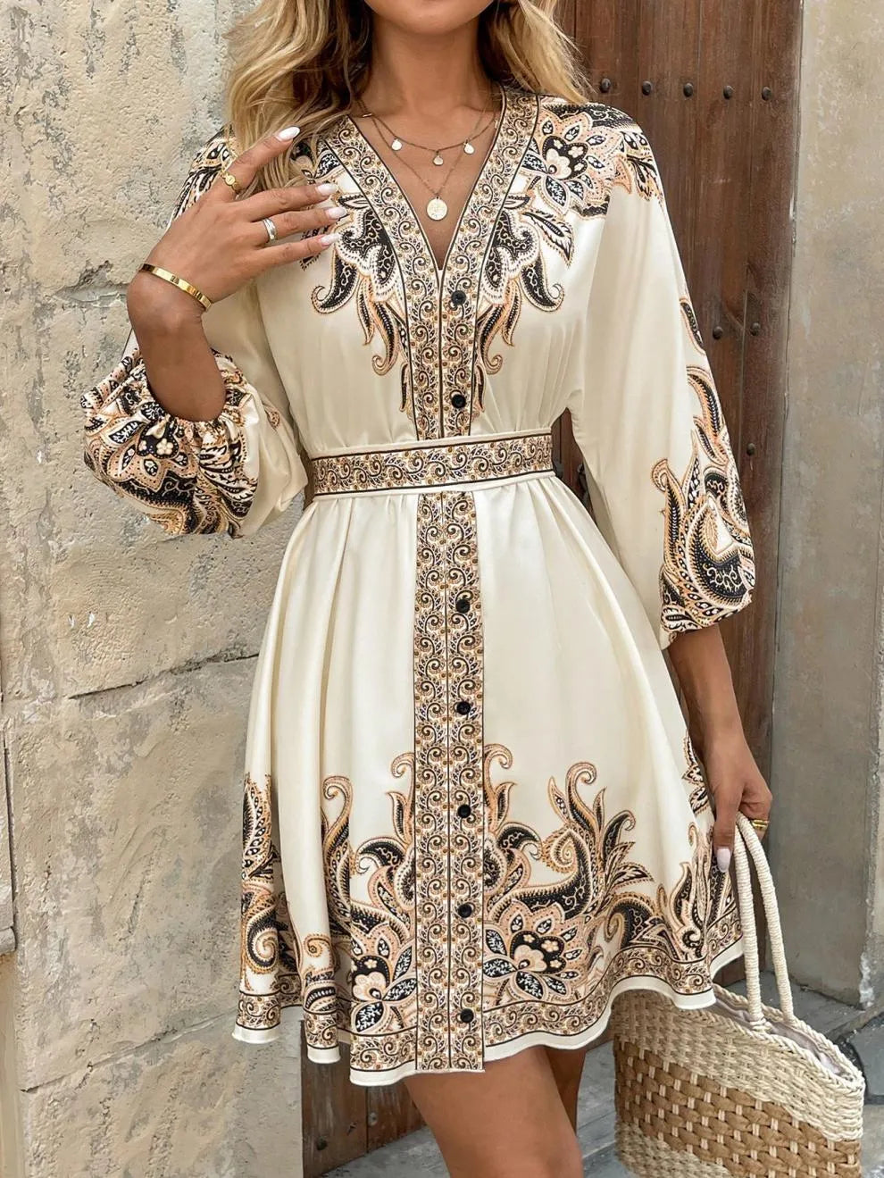 Paisley V-Neck 3/4 Sleeve Mini Dress - Draped in Grace