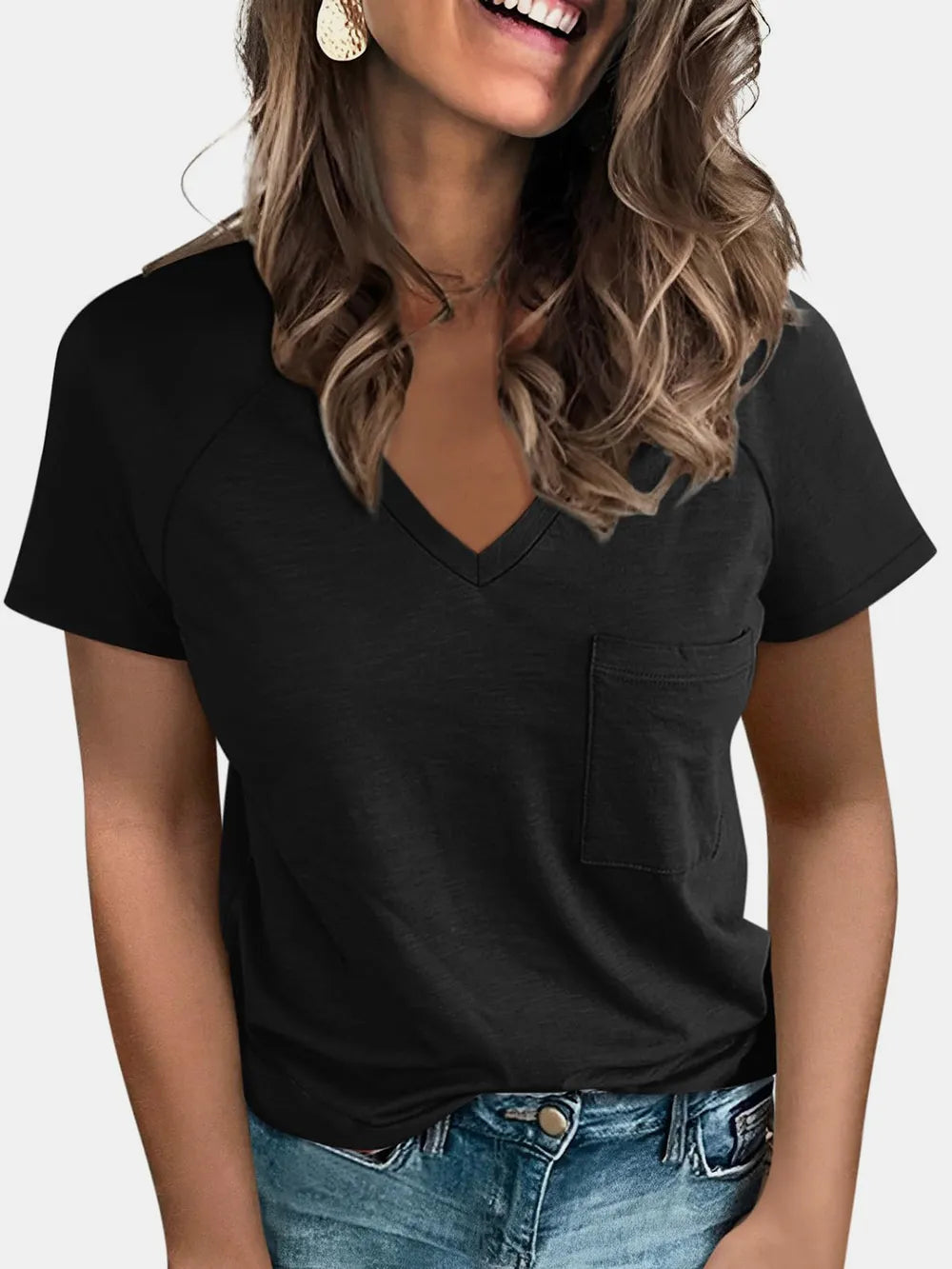 Pocketed V-Neck Short Sleeve T-Shirt - Draped in Grace