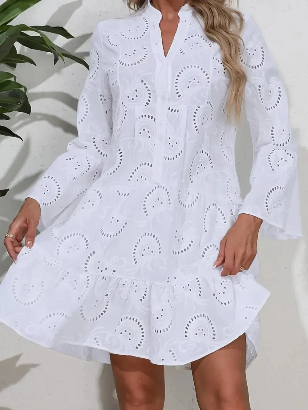 Ruffle Hem Eyelet Notched Long Sleeve Dress - Draped in Grace
