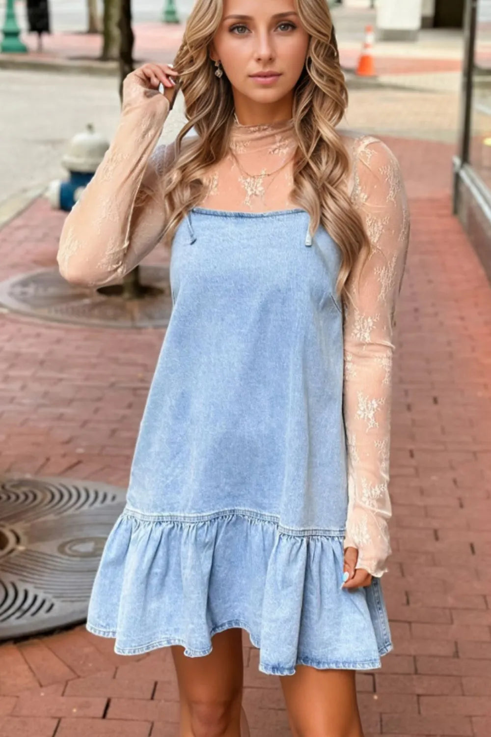 Bow Detail Spaghetti Straps Ruffle Hem Denim Dress - Draped in Grace