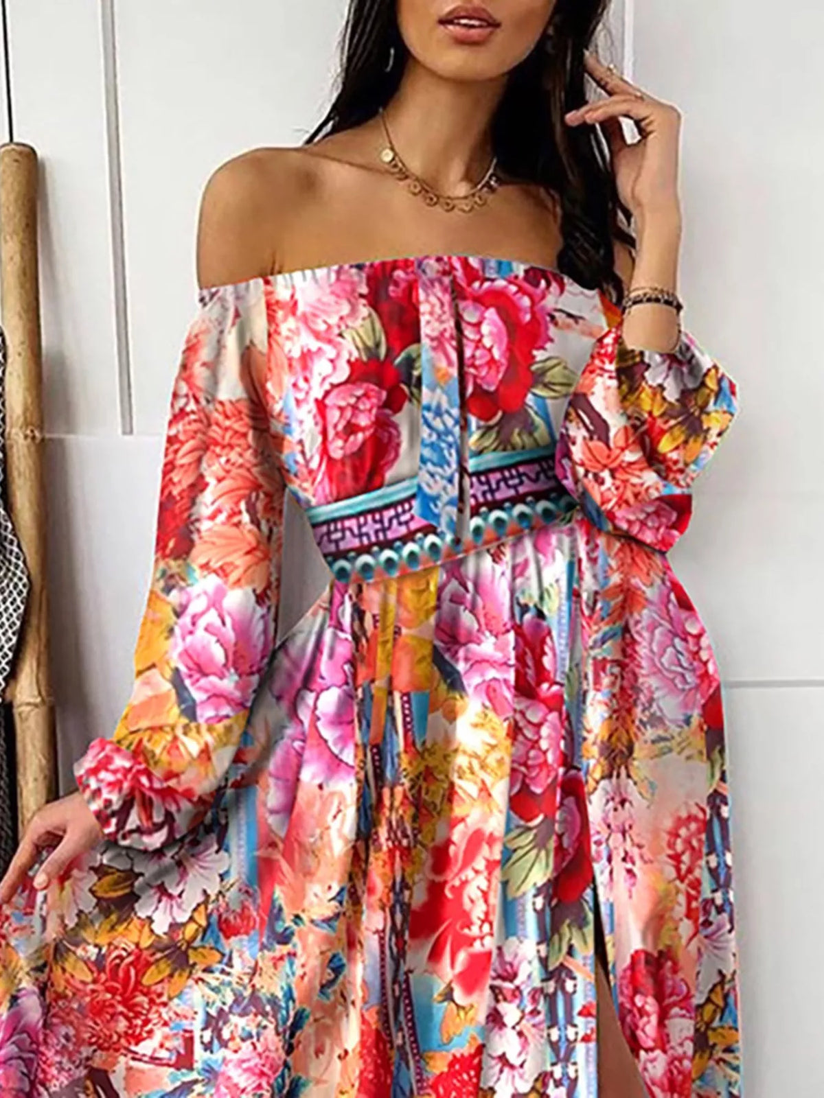 Slit Printed Off Shoulder Maxi Dress - Draped in Grace