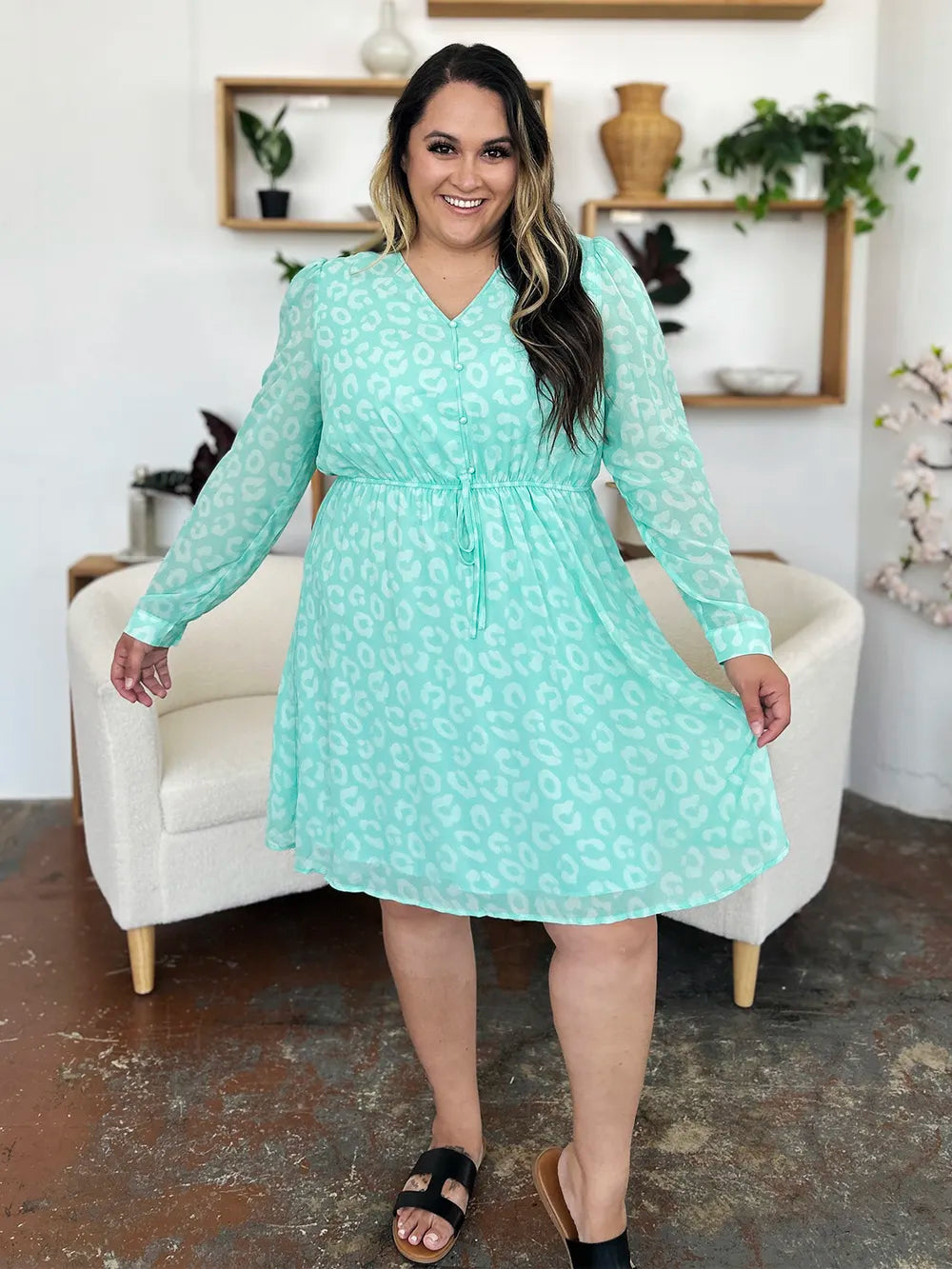 Double Take Full Size Printed Ruched V-Neck Long Sleeve Dress - Draped in Grace