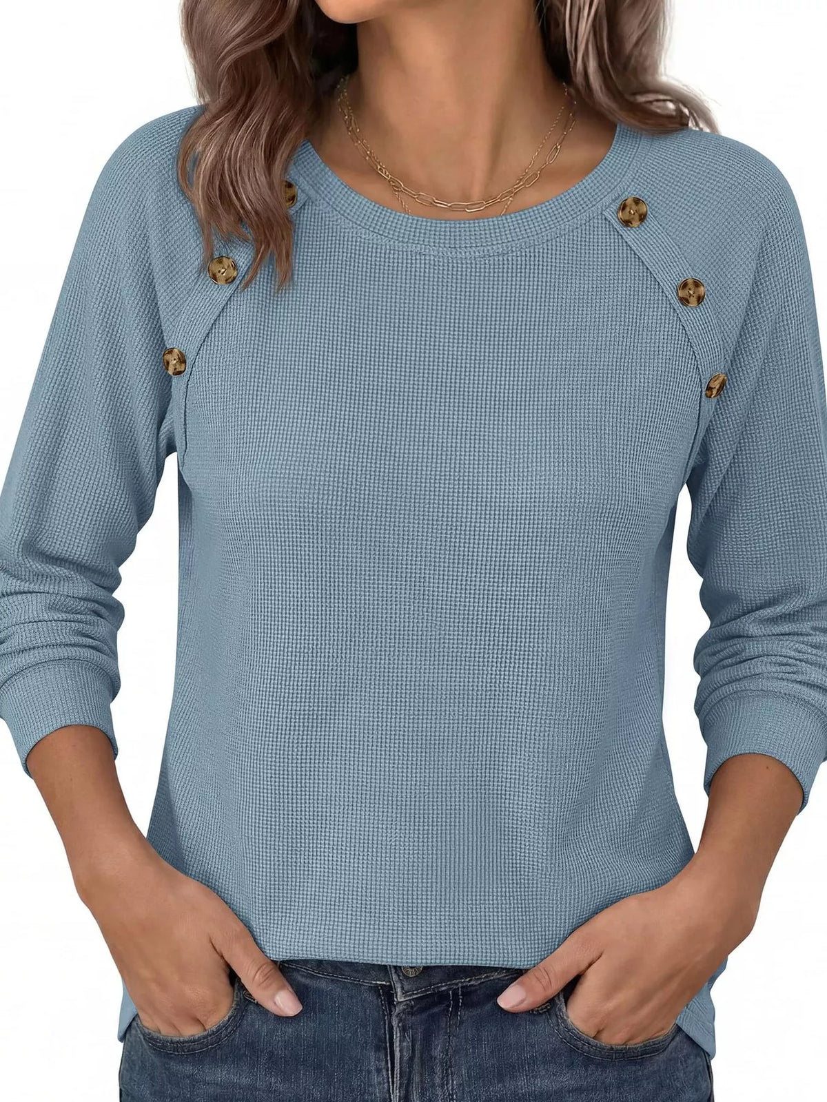Decorative Button Waffle Knit Long Sleeve T-Shirt - Draped in Grace