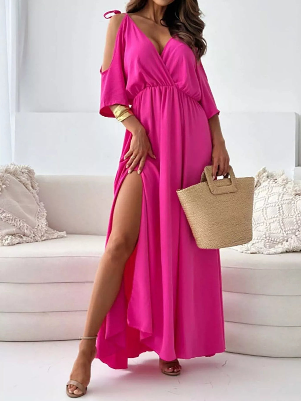 Slit Cold Shoulder Maxi Dress - Draped in Grace