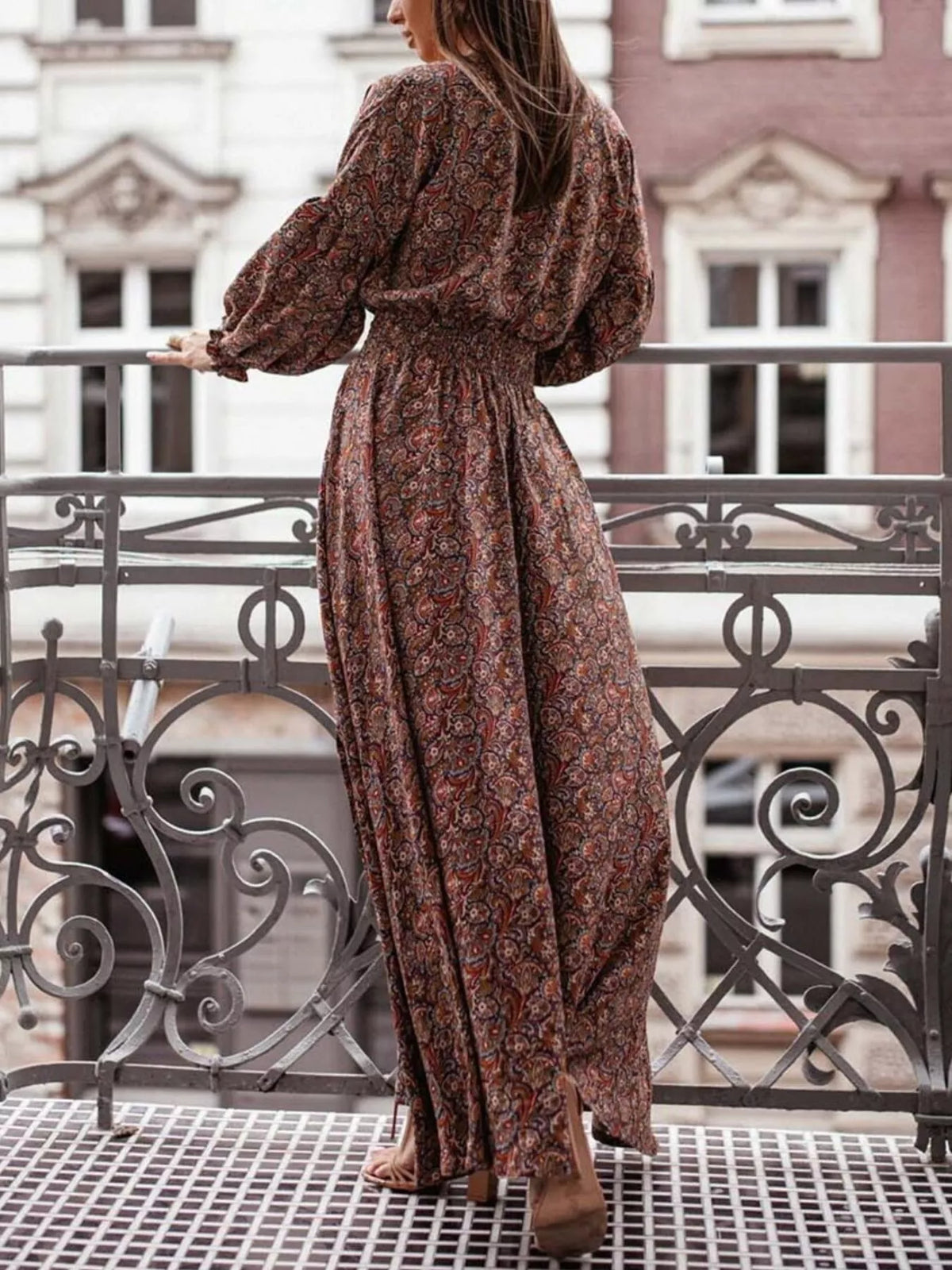 Bohemian Printed Maxi Dress with Plunging Neckline - Draped in Grace