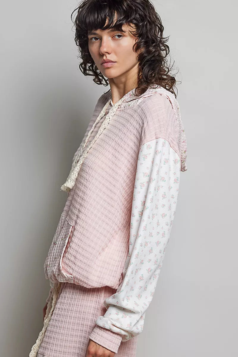 POL Mixed Knit Contrast Print Sleeve Hoodie with Kangaroo Pocket - Draped in Grace
