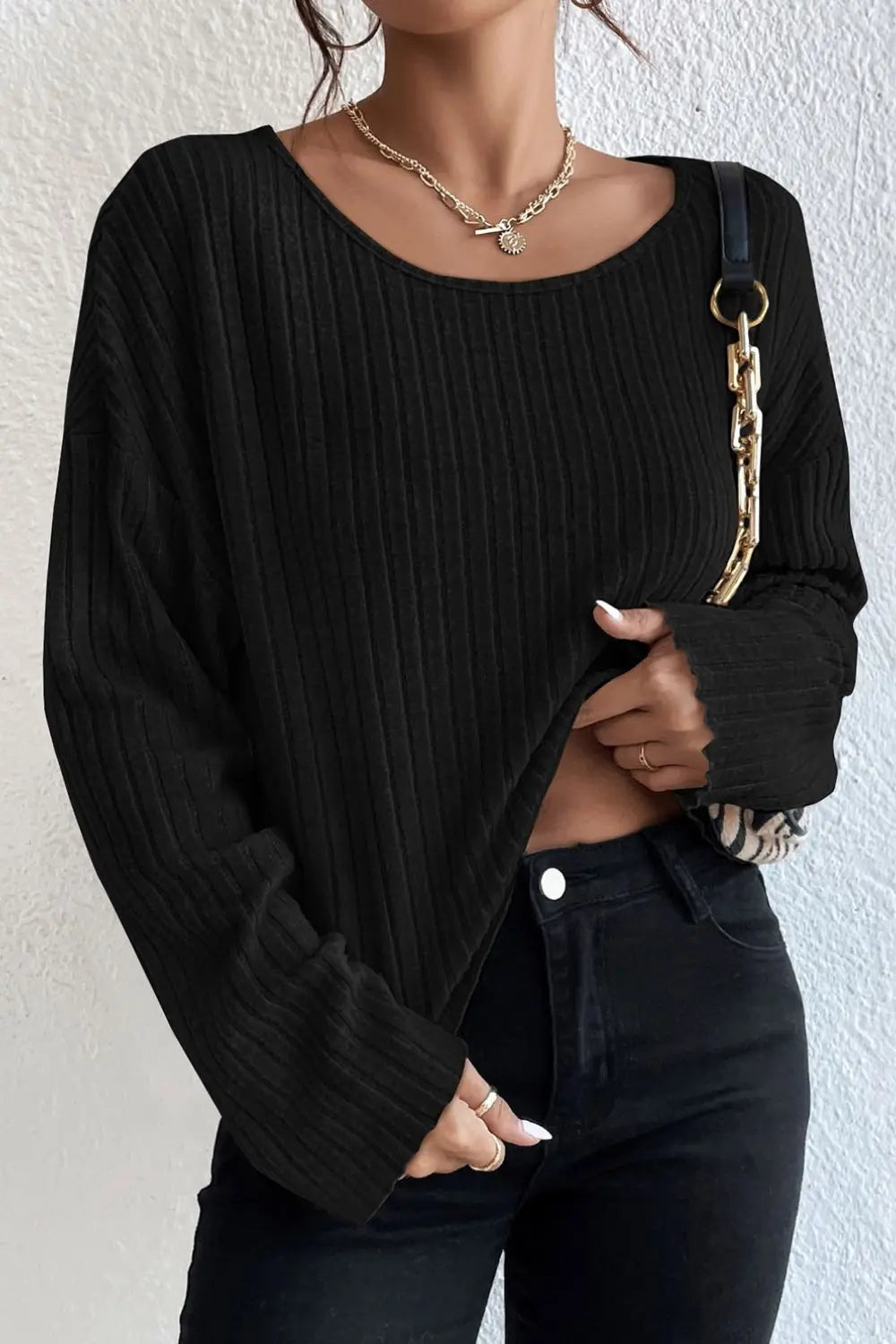 Ribbed Round Neck Drop Shoulder Long Sleeve Top - Draped in Grace
