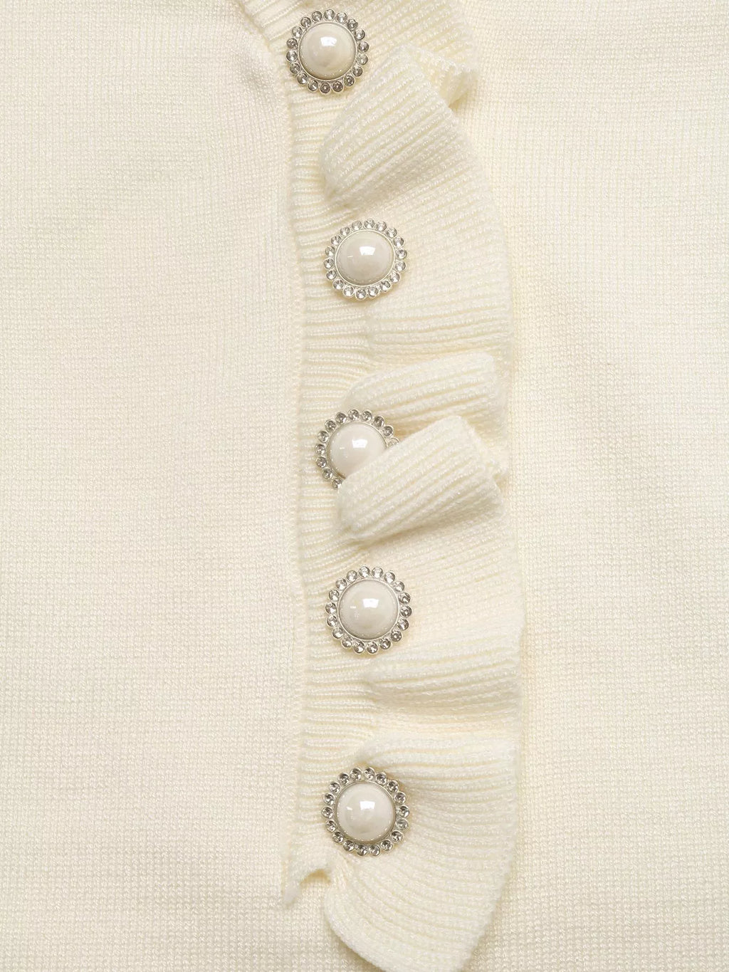 Ruffle Trim Pearl Button V-Neck Knit Top - Draped in Grace