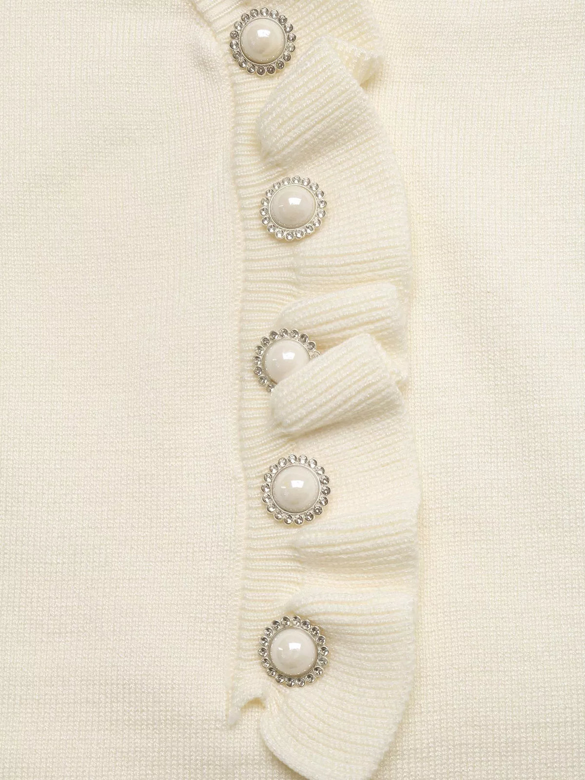 Ruffle Trim Pearl Button V-Neck Knit Top - Draped in Grace