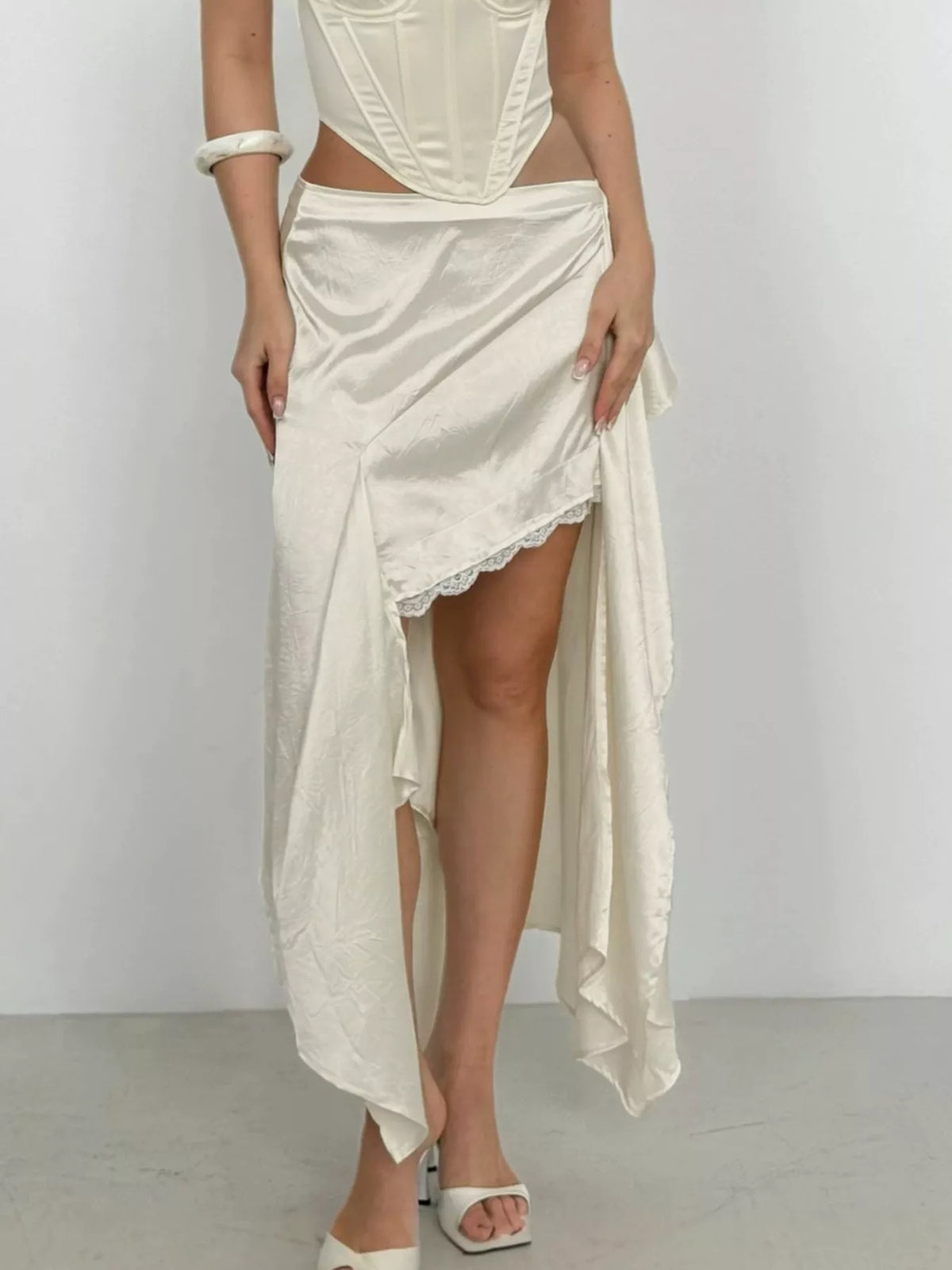 Satin High-Low Lace Trim Skirt - Draped in Grace
