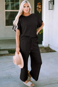 Double Take Full Size Texture Short Sleeve Top and Pants Set - Draped in Grace
