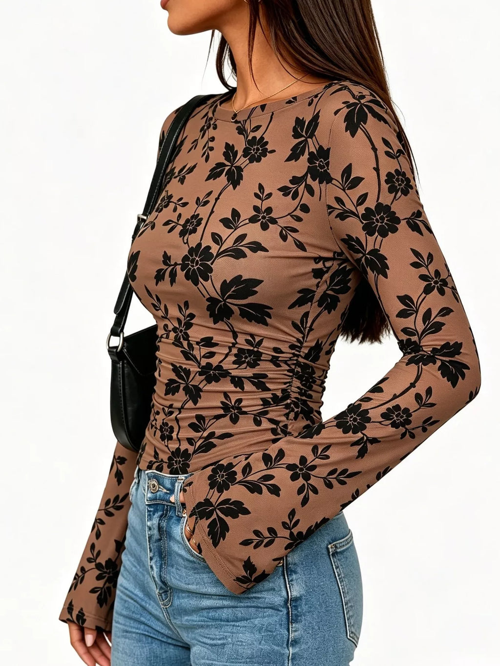 Slim Fit Floral Print Long Sleeve Top - Draped in Grace