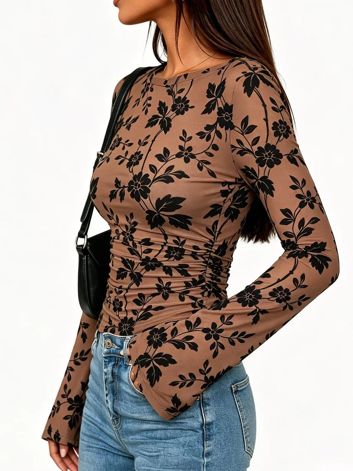 Slim Fit Floral Print Long Sleeve Top - Draped in Grace