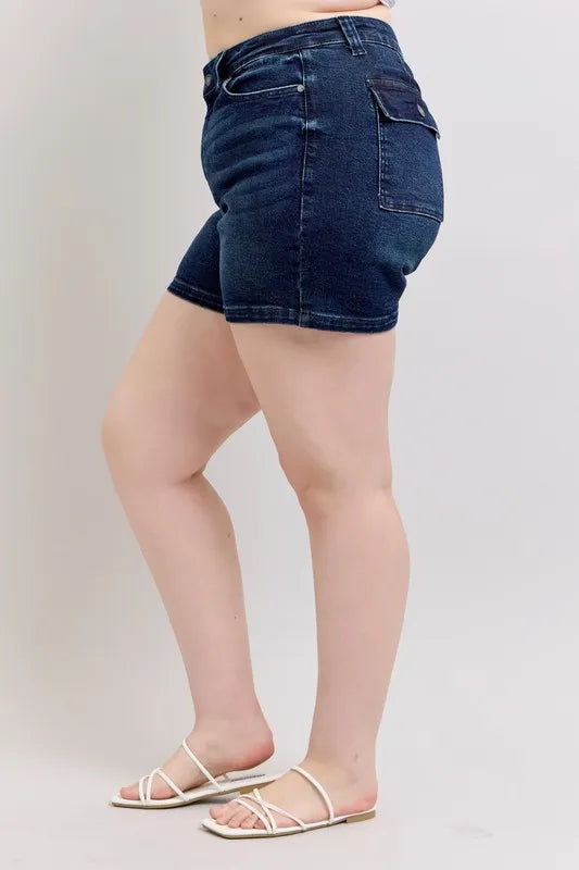 Judy Blue Full Size High Waist Back Flap Pocket Denim Shorts Plus Size - Draped in Grace