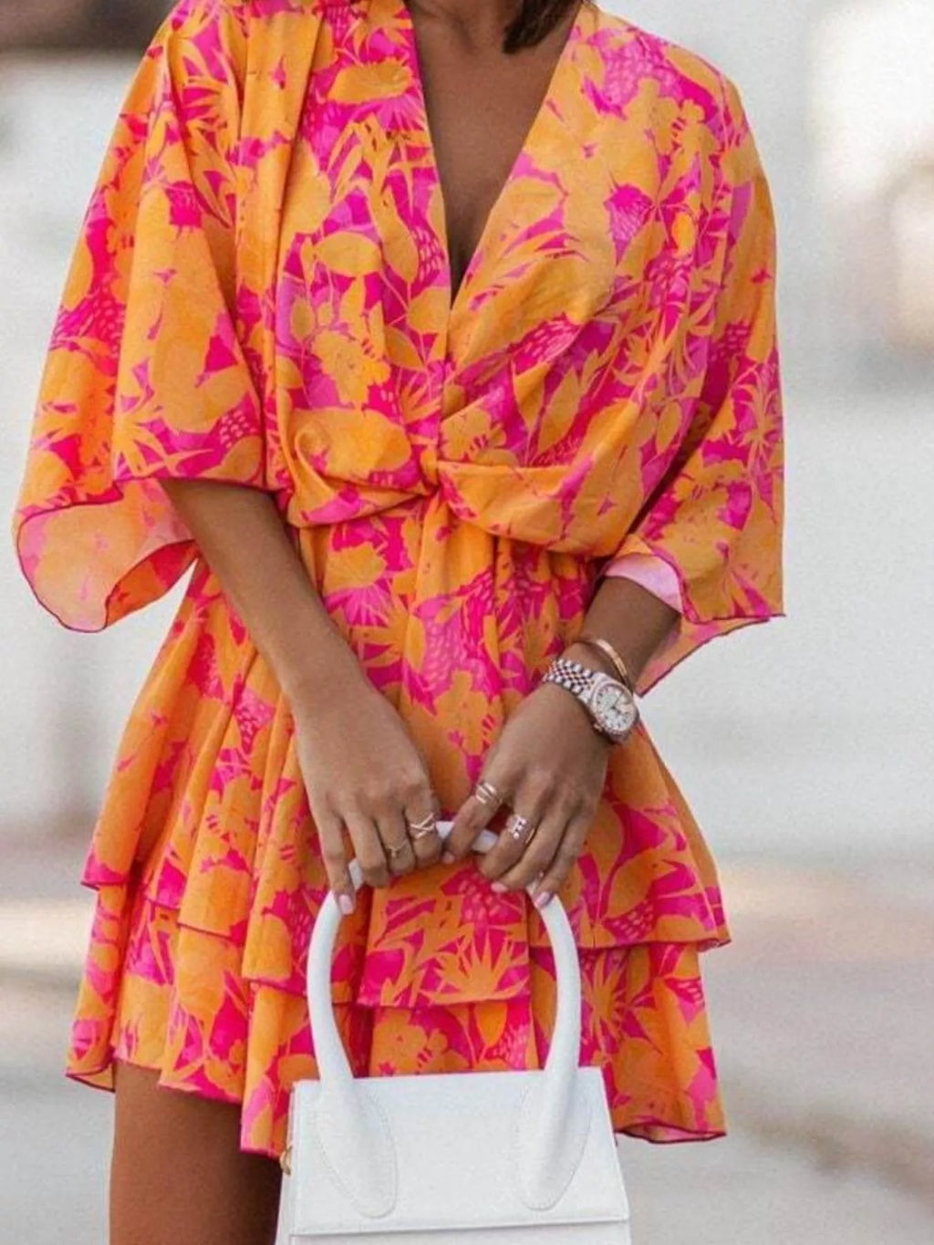 Layered Printed Surplice Mini Dress - Draped in Grace