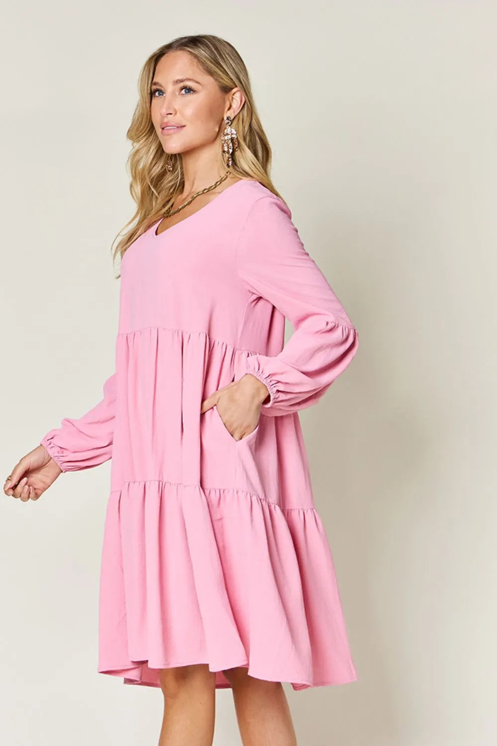 Double Take Full Size V-Neck Balloon Sleeve Tiered Dress with Pockets - Draped in Grace