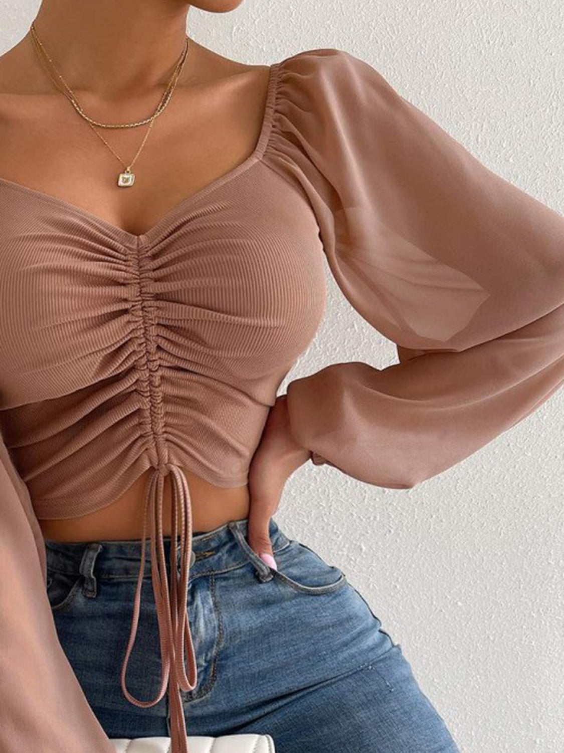 Drawstring Sweetheart Neck Cropped Top - Draped in Grace