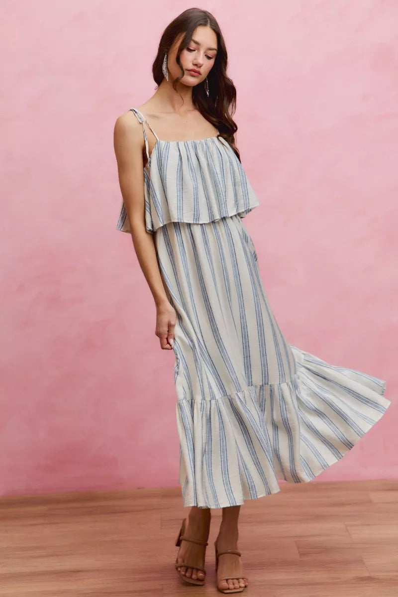 SO ME Stripe Tiered Shoulder Tie Midi Lined Dress - Draped in Grace