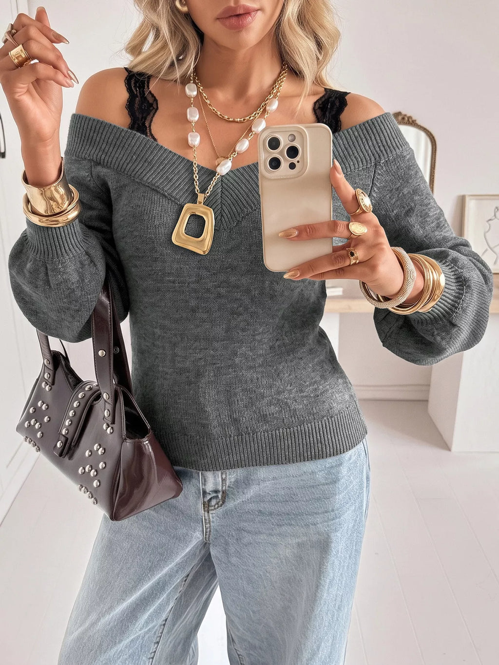 Off-Shoulder Lace Trim Sweater - Draped in Grace