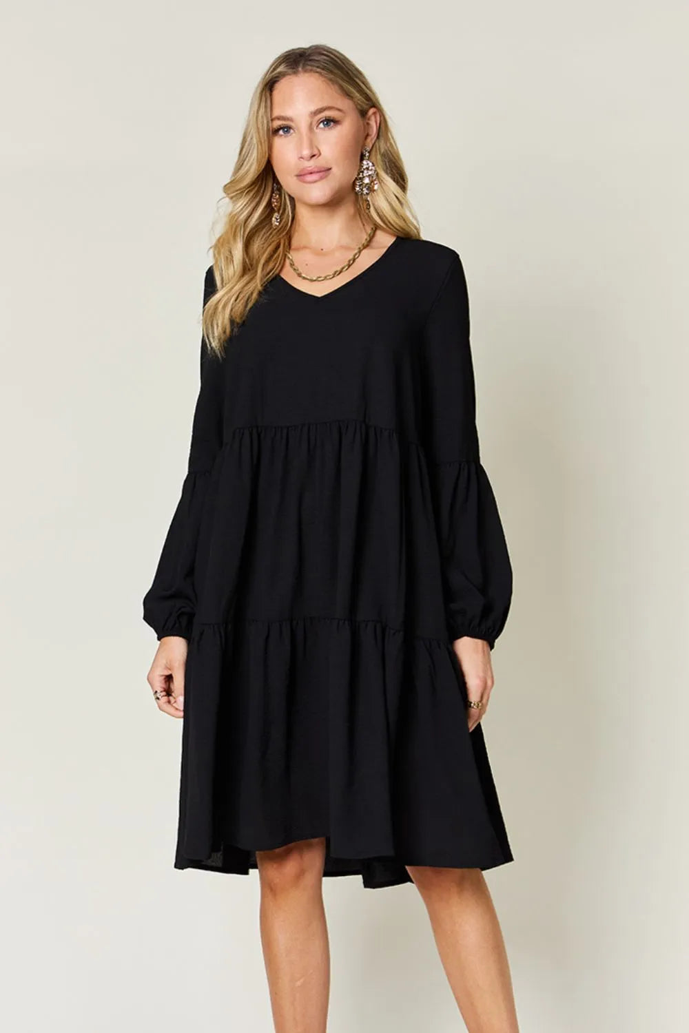 Double Take Full Size V-Neck Balloon Sleeve Tiered Dress with Pockets - Draped in Grace