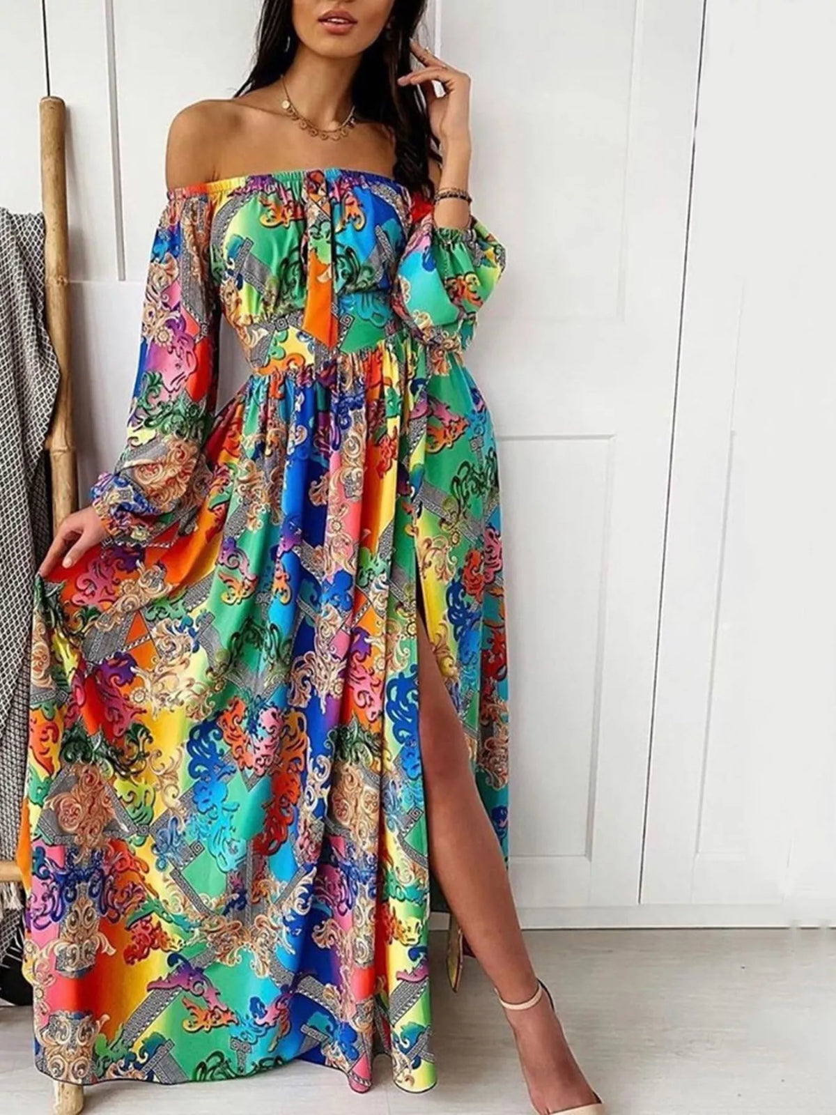 Slit Printed Off Shoulder Maxi Dress - Draped in Grace
