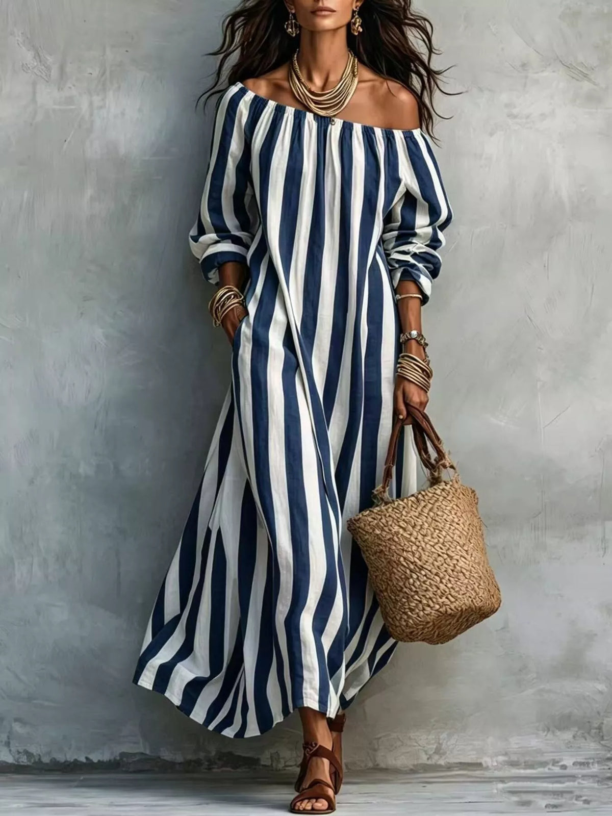 Off-Shoulder Striped Dress with Pockets - Draped in Grace