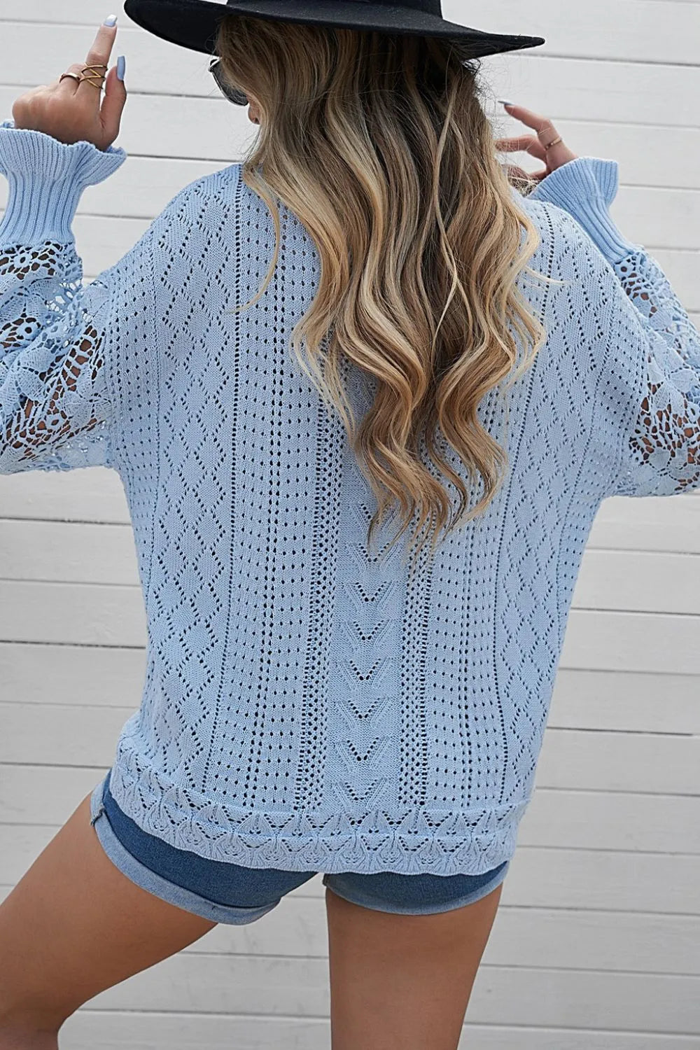Openwork Round Neck Long Sleeve Sweater - Draped in Grace