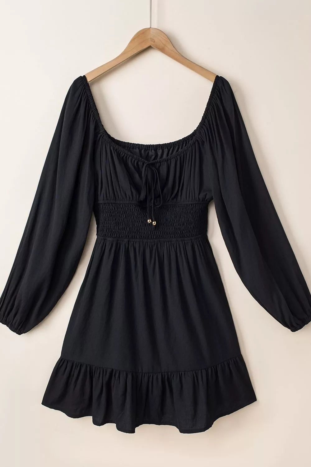 Solid Color Long Sleeve Shirred Drawstring Ruffle Mini Dress - Draped in Grace