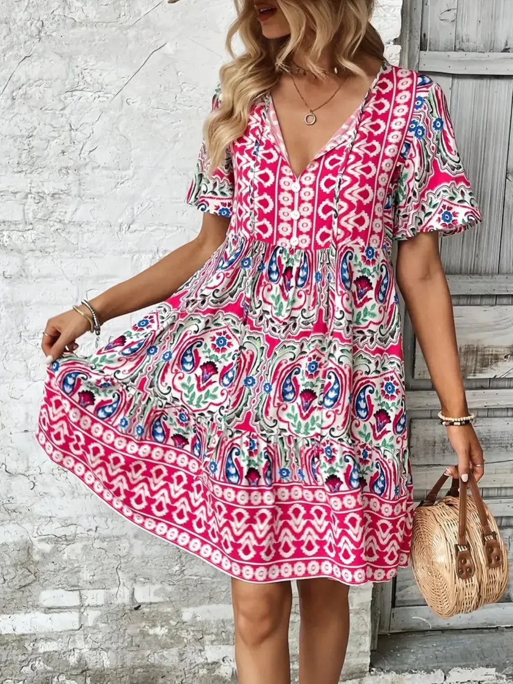 Printed Tie Neck Short Sleeve Dress - Draped in Grace