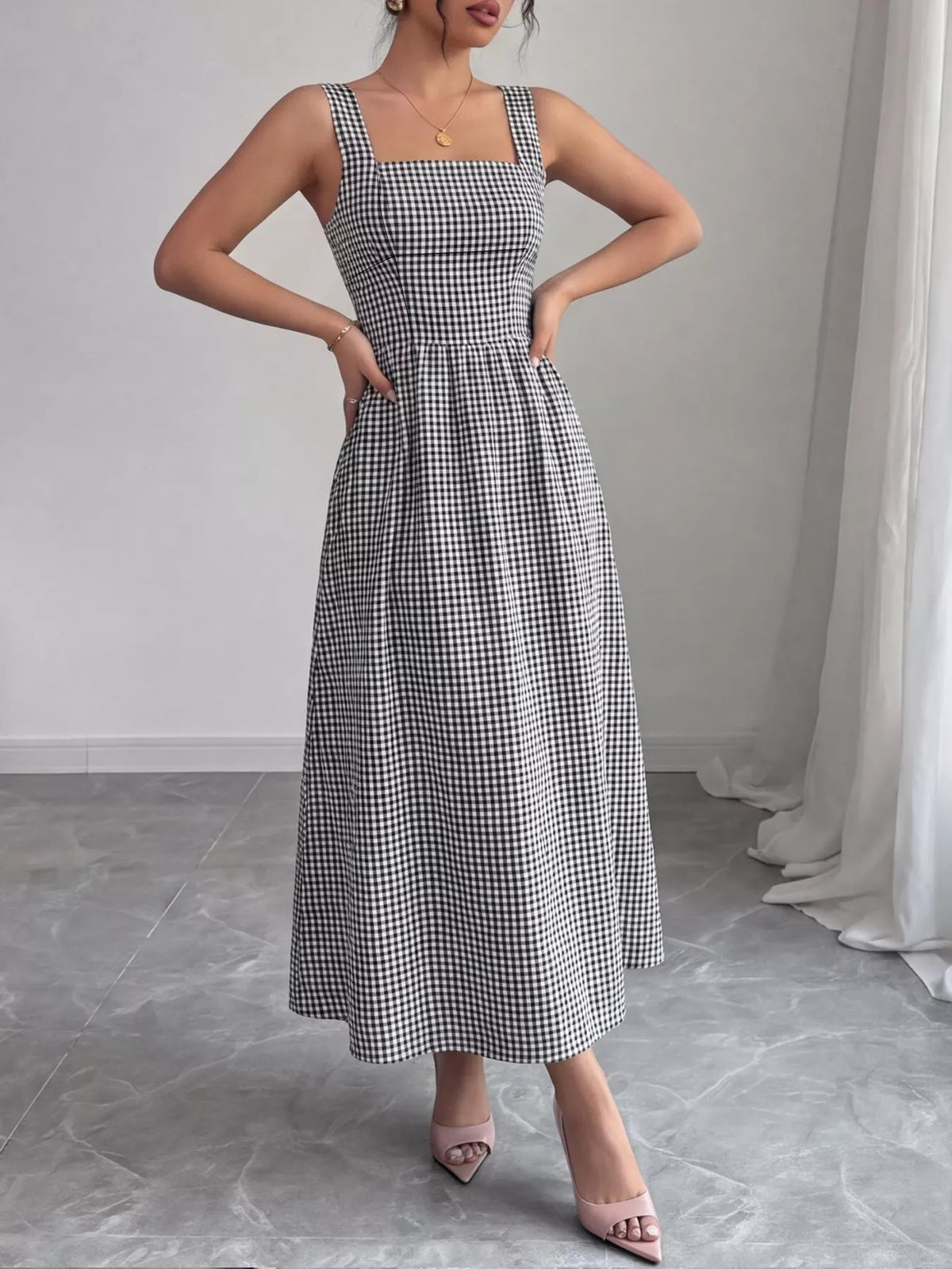 Square Neck Gingham Midi Dress - Draped in Grace