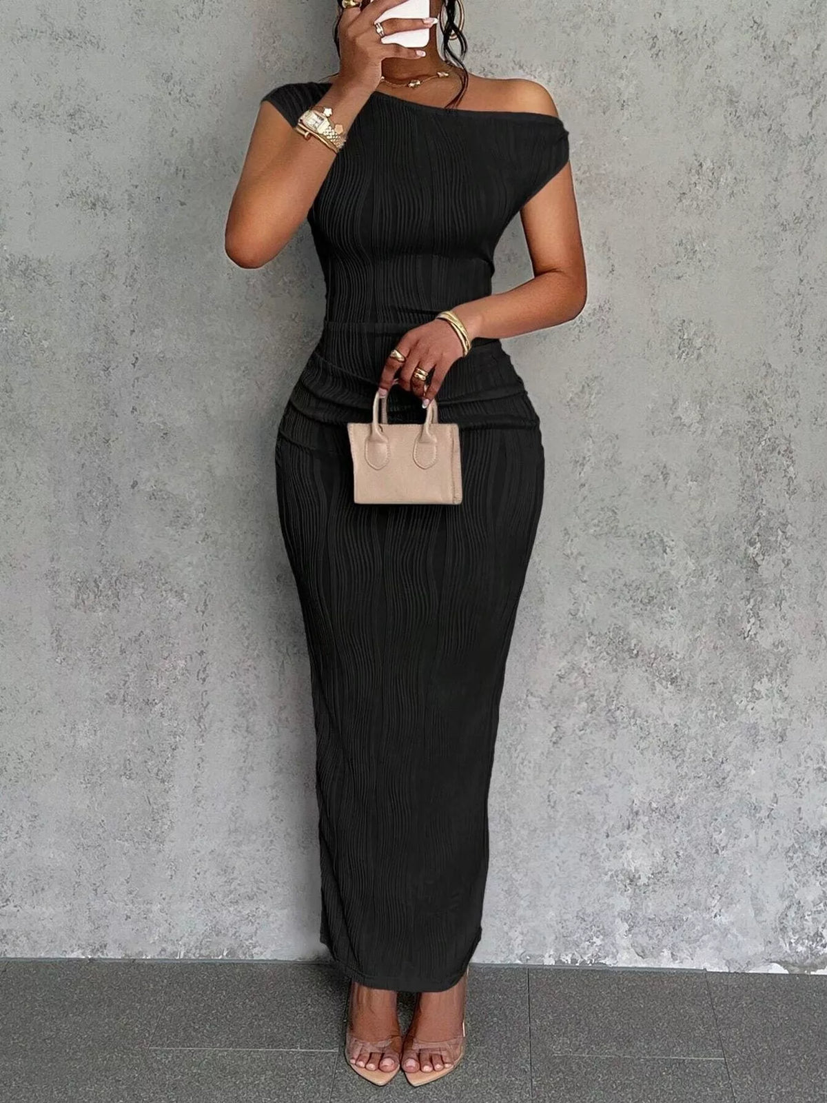 One-Shoulder Textured Maxi Dress - Draped in Grace