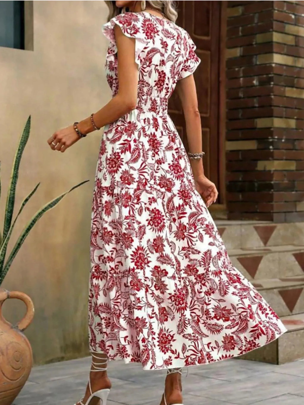 Floral Print Ruffle Sleeve Midi Dress - Draped in Grace
