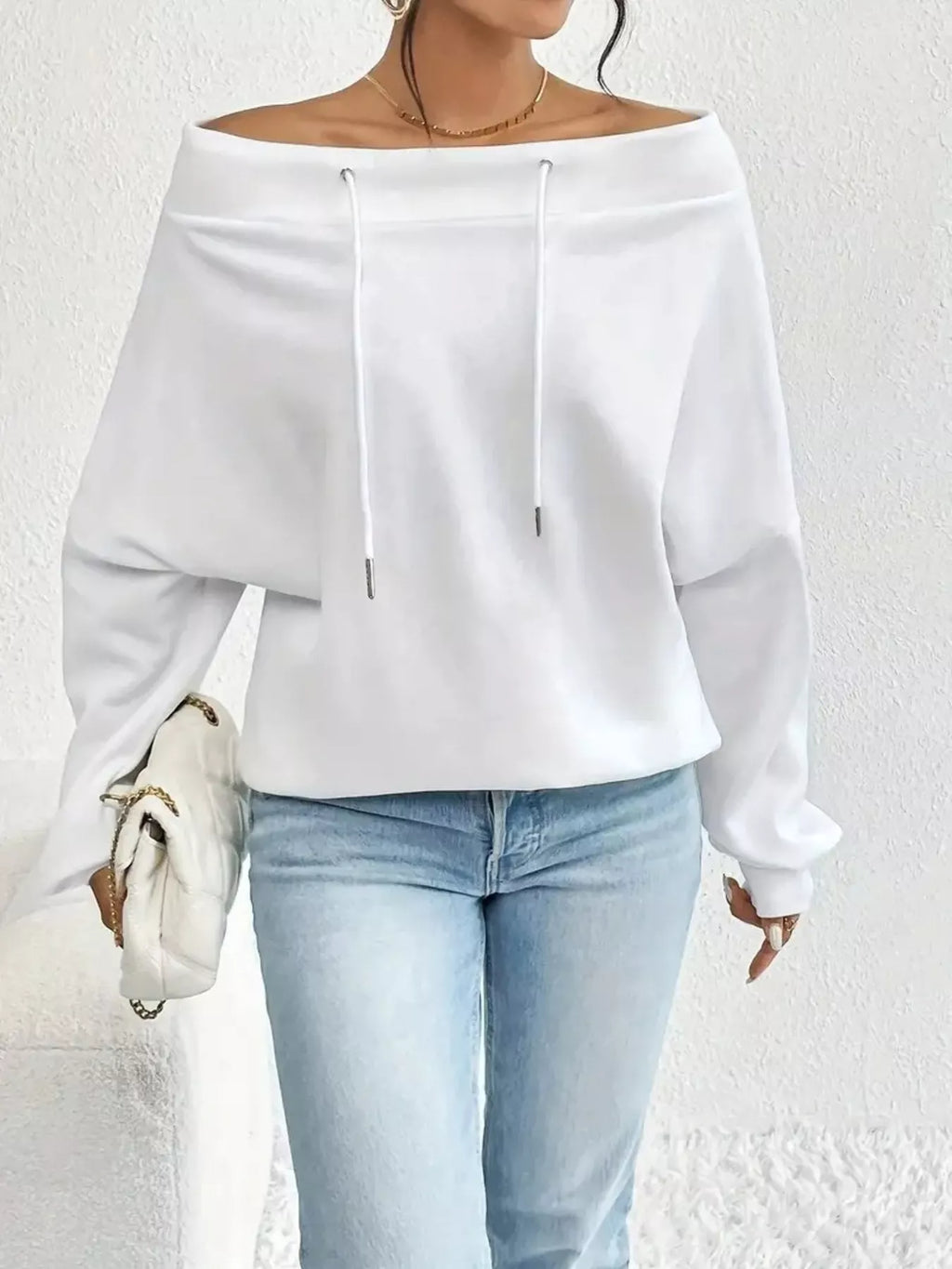 Off-Shoulder Drawstring Sweatshirt - Draped in Grace