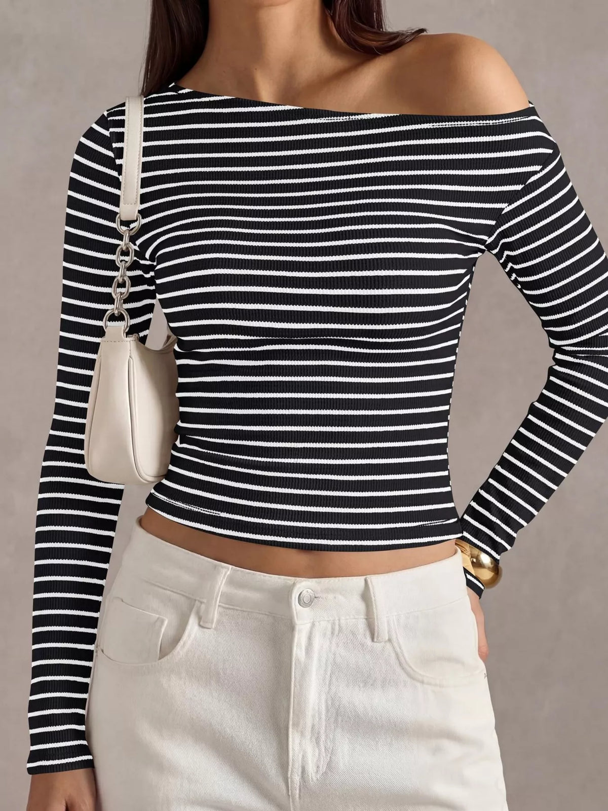 Striped Ribbed Long Sleeve T-Shirt - Draped in Grace