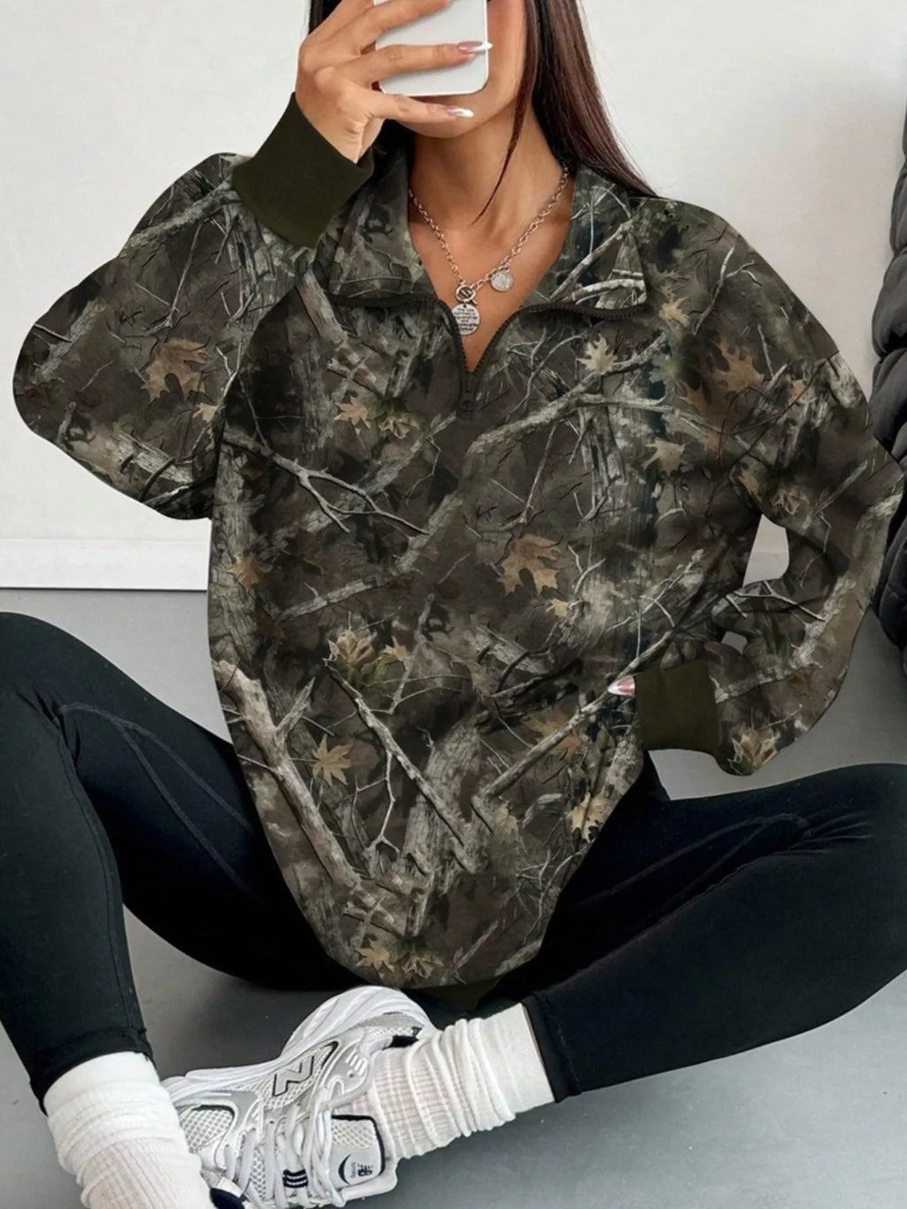 Quarter-Zip Printed Sweatshirt with Ribbed Cuffs - Draped in Grace