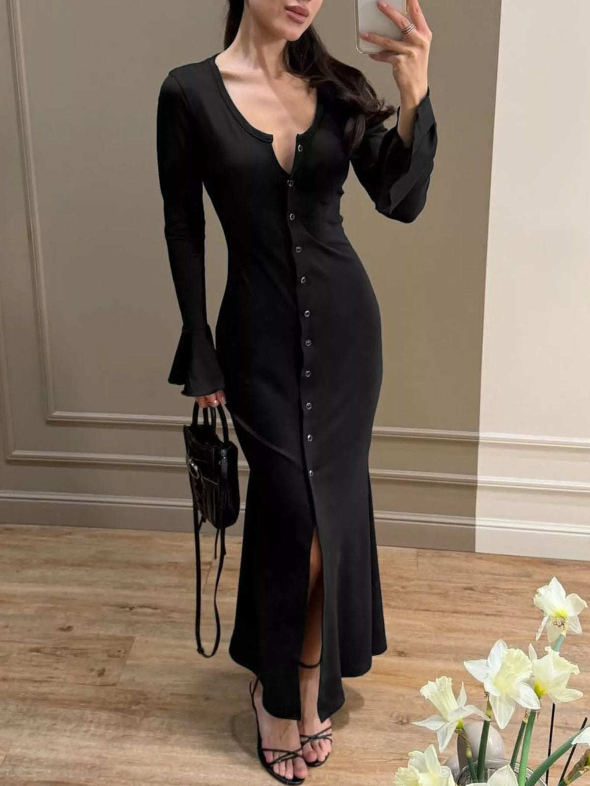 Button-Down Bodycon Maxi Dress - Draped in Grace