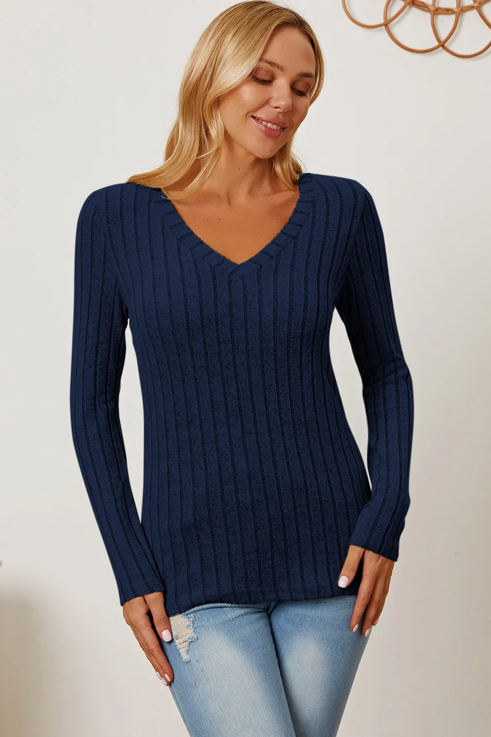 Basic Bae Full Size Ribbed V-Neck Long Sleeve T-Shirt - Draped in Grace
