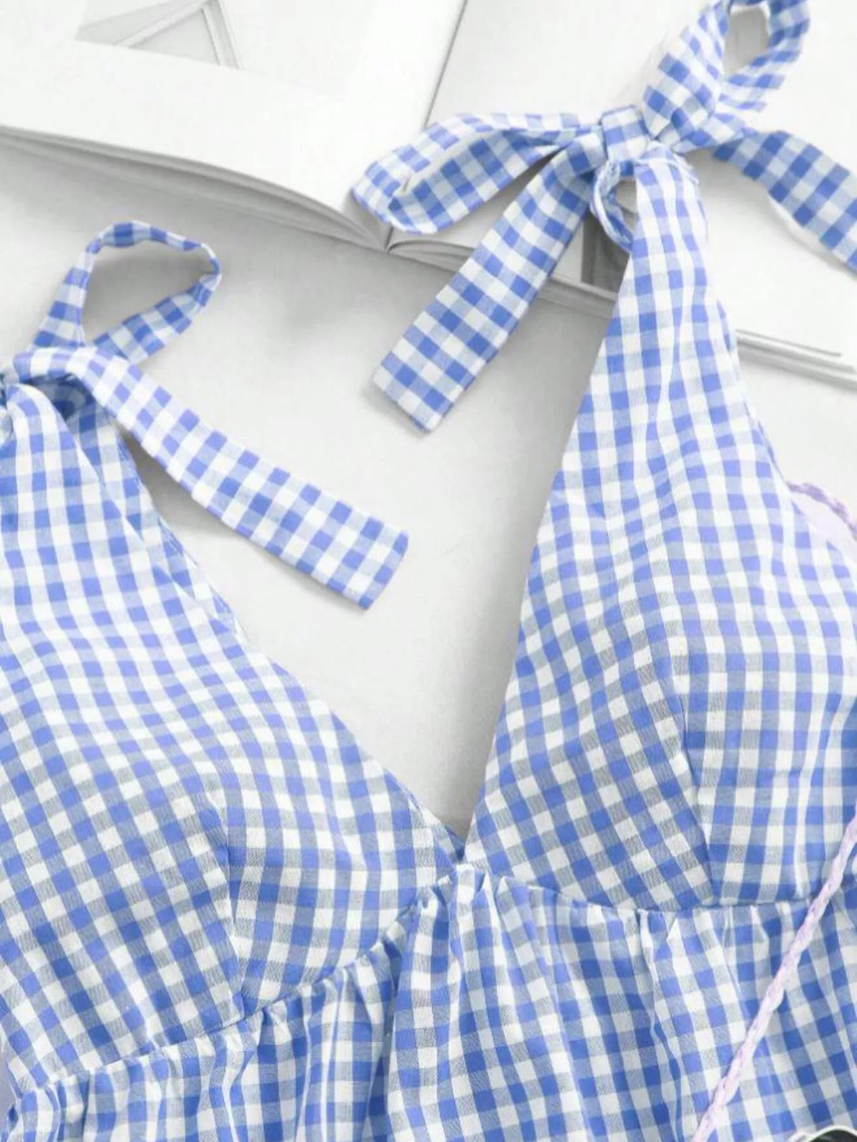 Gingham Tie-Shoulder Ruffle Hem Mini Dress - Draped in Grace