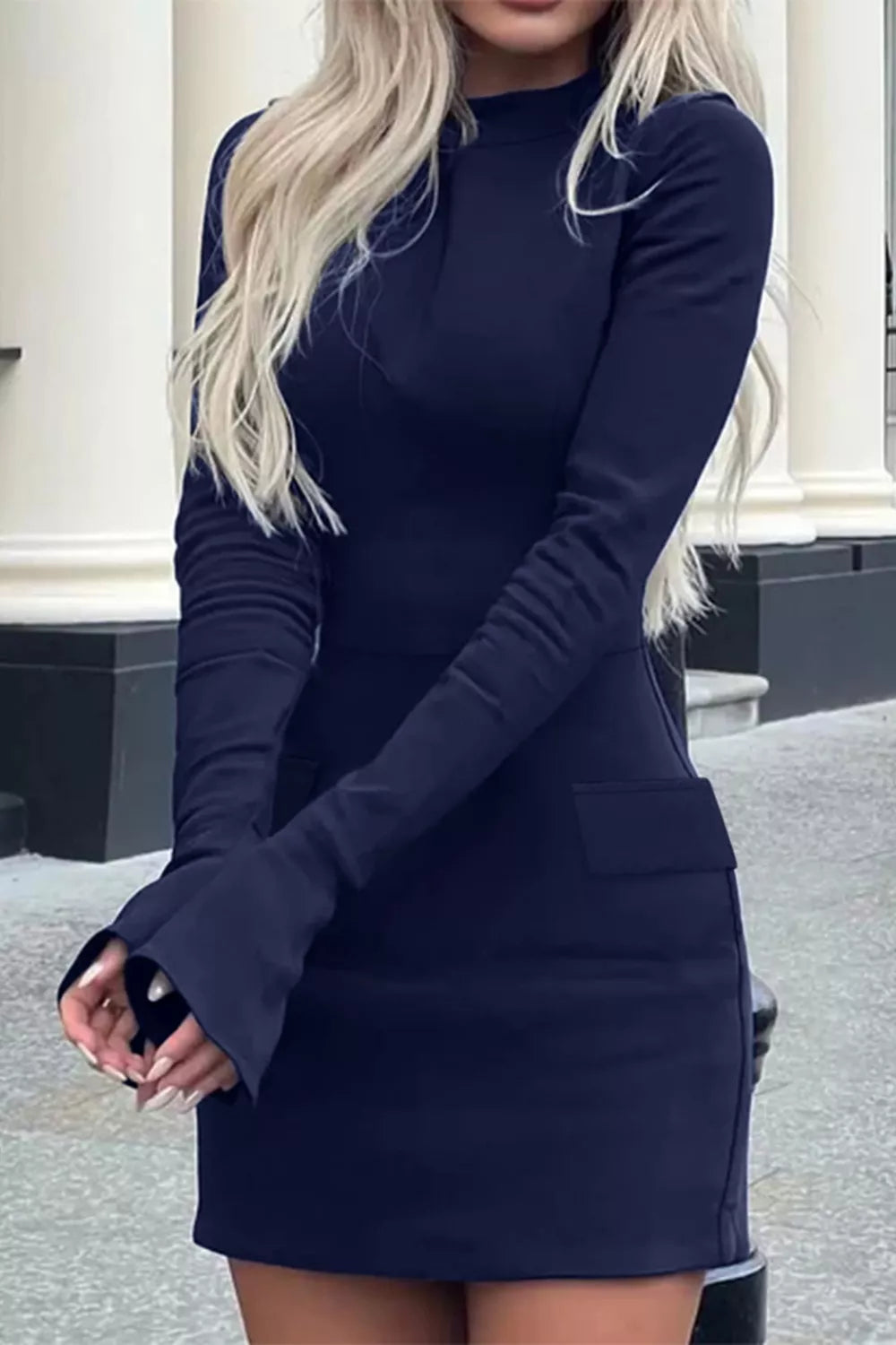 Long-Sleeve Mini Dress with Flap Pockets - Draped in Grace