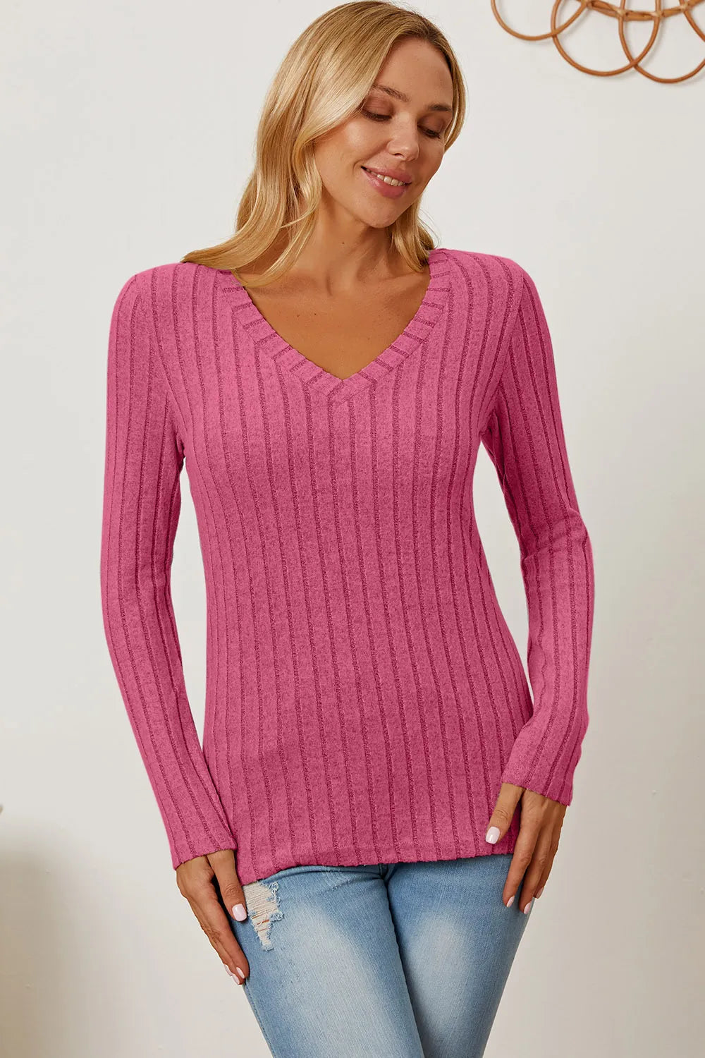 Basic Bae Full Size Ribbed V-Neck Long Sleeve T-Shirt - Draped in Grace