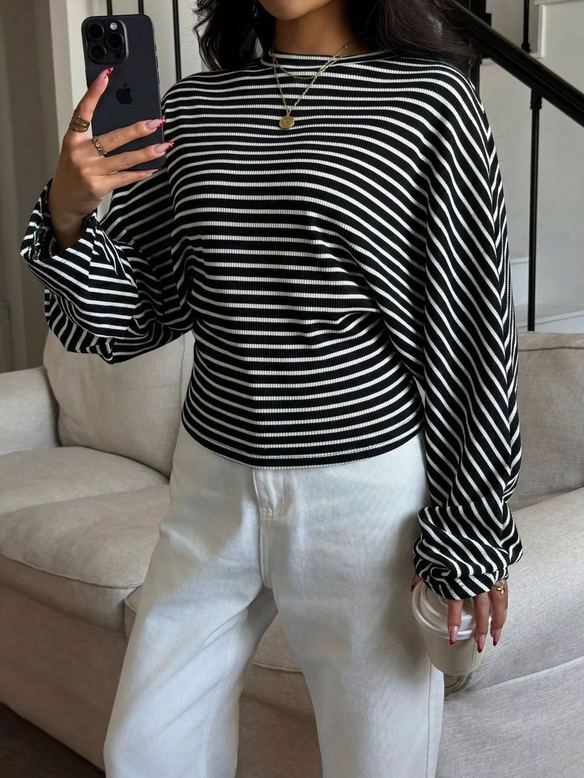 Casual Striped Batwing Sleeve T-Shirt - Draped in Grace