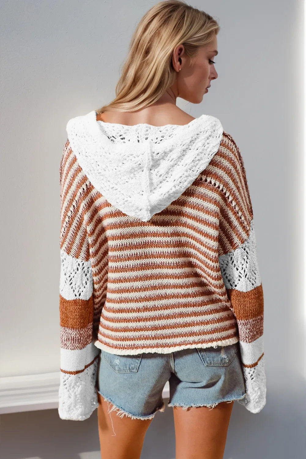 Double Take Full Size Openwork Contrast Long Sleeve Hooded Sweater - Draped in Grace