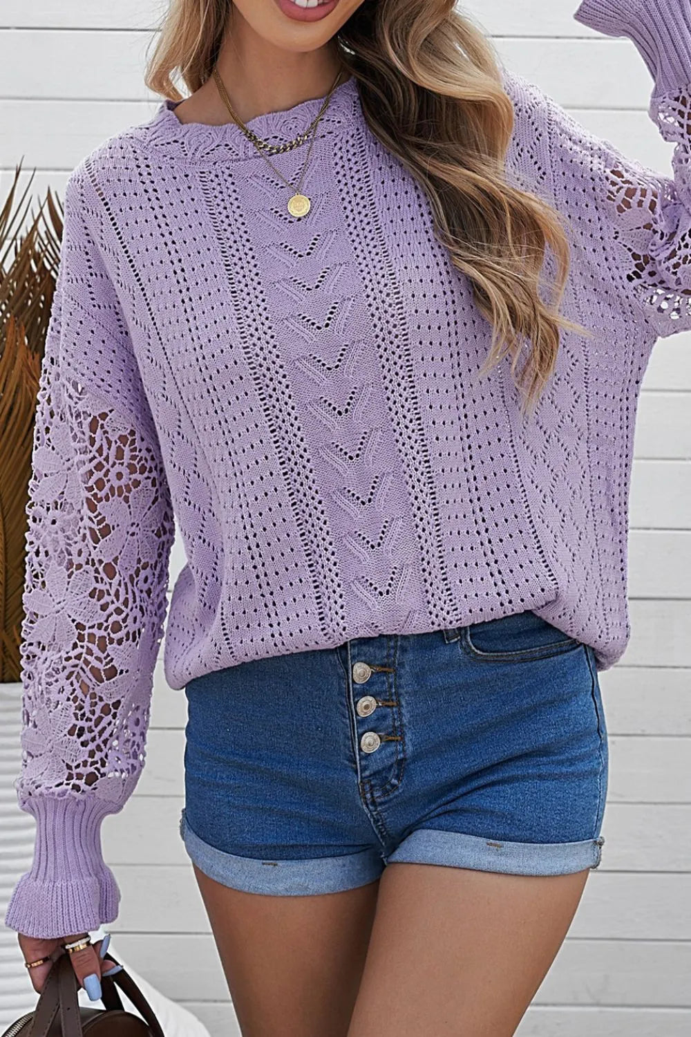 Openwork Round Neck Long Sleeve Sweater - Draped in Grace