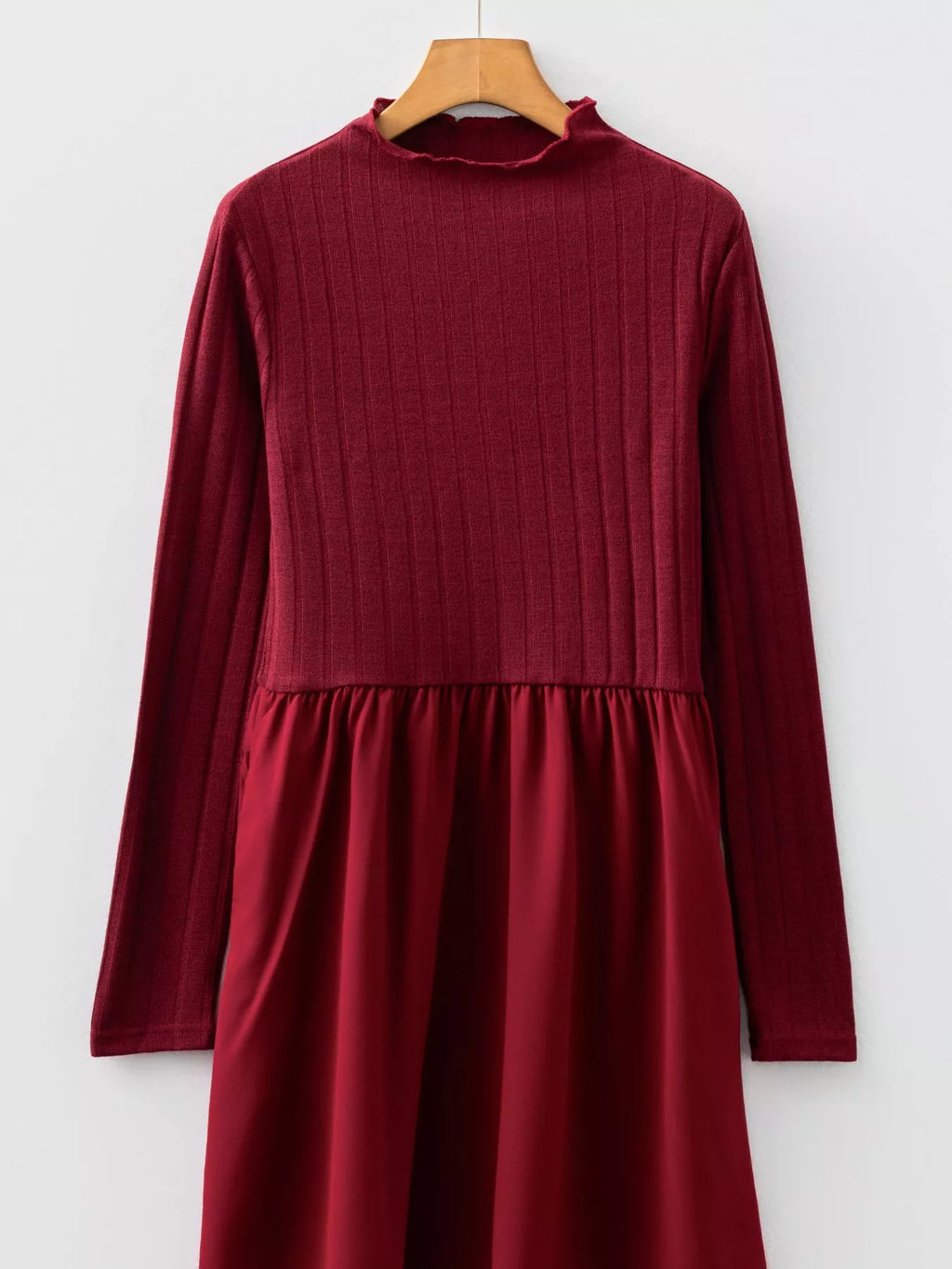 Frilled Neck Ribbed Knit Patchwork Long Sleeve Mini Dress - Draped in Grace