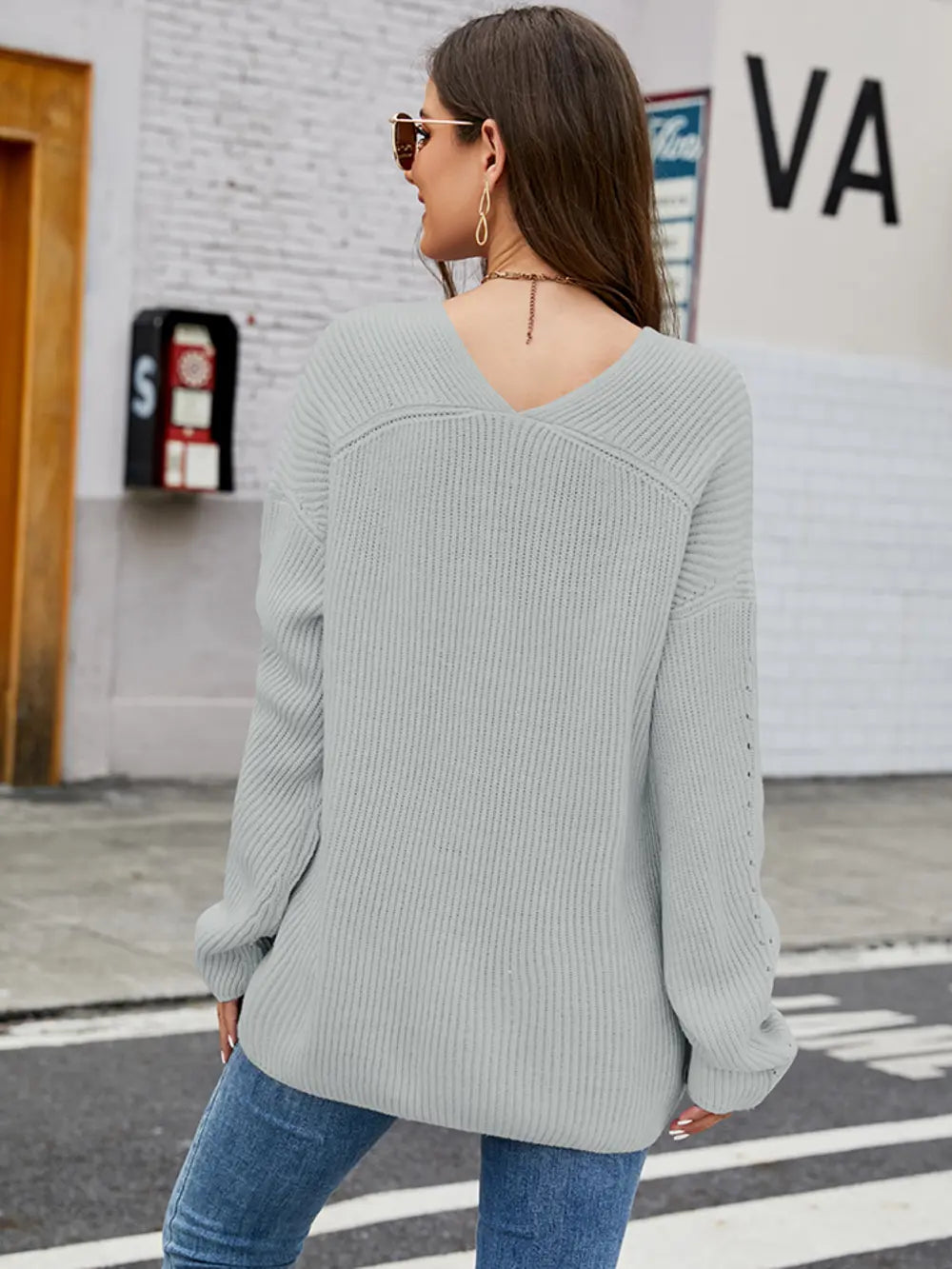 Openwork Dropped Shoulder Long Sleeve Sweater - Draped in Grace